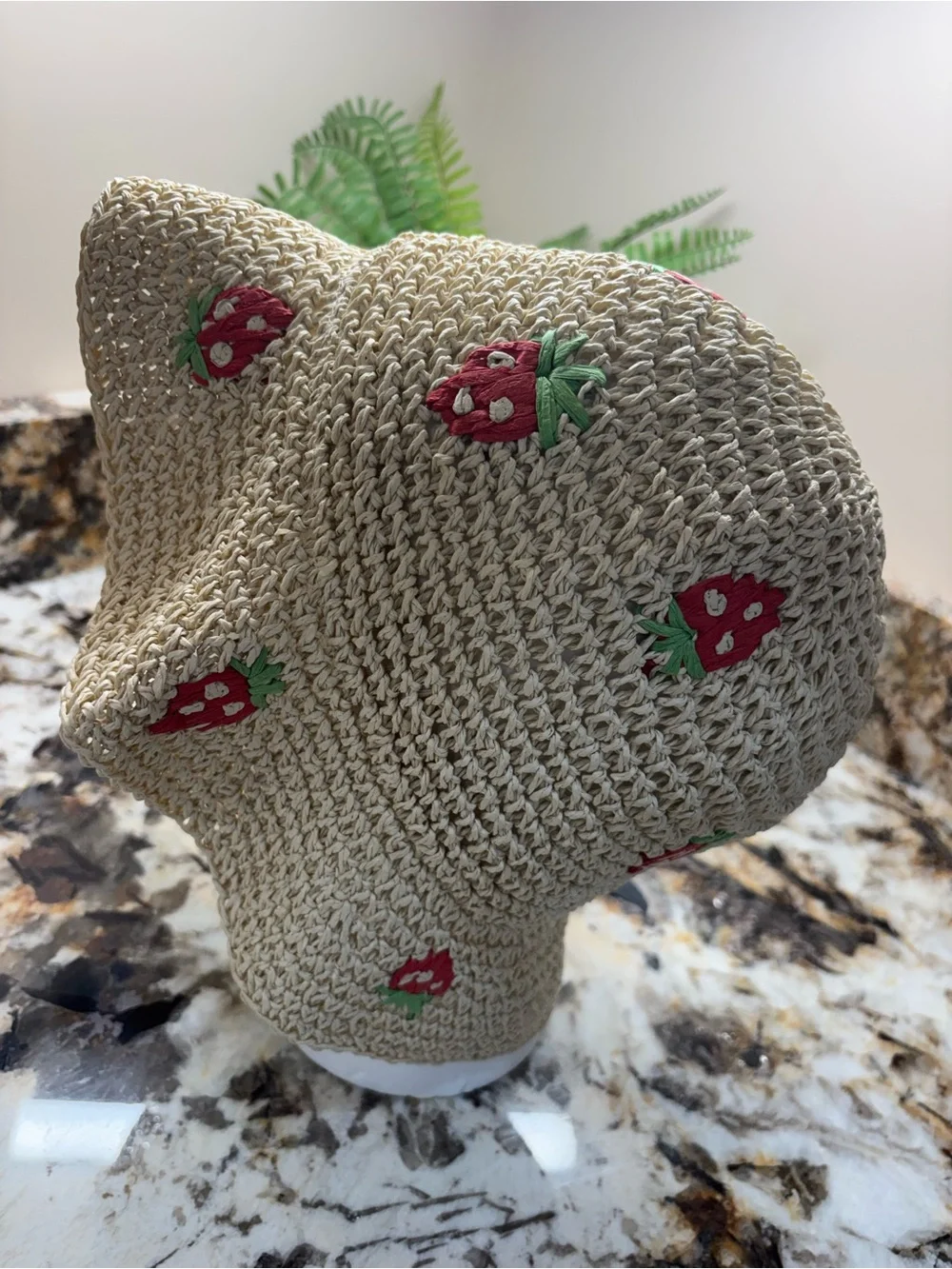 🍓 Straw Knit Bucket Hat with Red Strawberry Embroidery 🍓